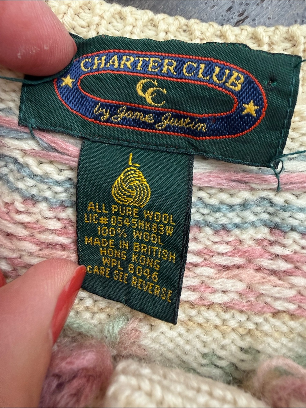 Vintage Charter Club 100% Wool Rose Fair Isle Cardigan Floral Sweater L - Picture 11 of 12